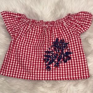 Zara Red and White Gingham Top with Navy Floral Embroidery
